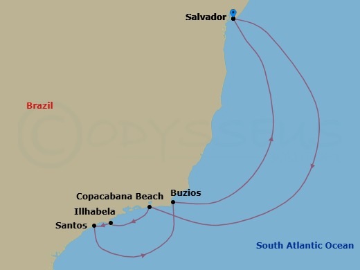 7 Night - South America - MSC Virtuosa - Starting in Salvador, Brazil, Copacabana (Rio de Janeiro), Brazil, Ilhabela, Brazil, Santos (Sao Paulo), Brazil, Buzios, Brazil, Salvador, Brazil itinerary map
