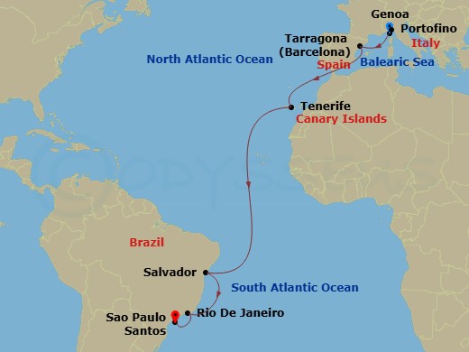 16 Night - Msc Grand Voyages - MSC Divina - Starting in Genoa (Portofino), Italy, Tarragona, Spain, Santa Cruz de Tenerife, Salvador, Brazil, Rio De Janeiro, Brazil, Santos (Sao Paulo), Brazil itinerary map