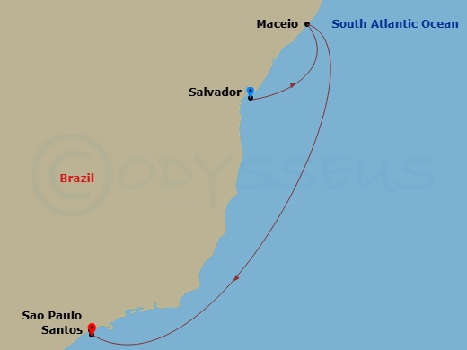 4 Night - South America - MSC Virtuosa - Starting in Salvador, Brazil, Maceio, Brazil, Santos (Sao Paulo), Brazil itinerary map