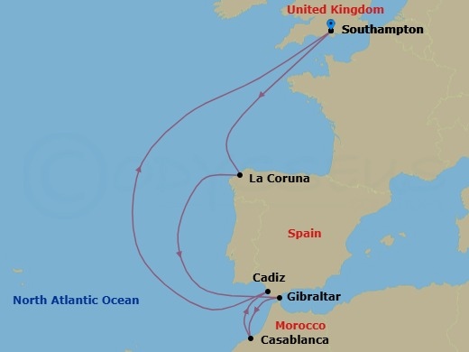 9 Night - Northern Europe - MSC Meraviglia - Starting in Southampton (London), United Kingdom, La Coruna (Santiago De Compostela), Spain, Gibraltar, Casablanca (Marrakesh), Morocco, Cadiz (Seville), Spain, Southampton (London), United Kingdom itinerary map