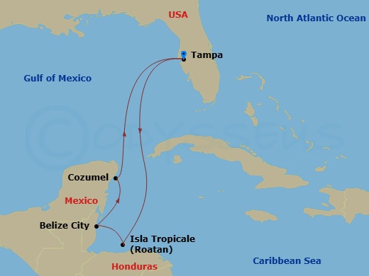 6 Night - Western Caribbean - Carnival Paradise - Starting in Tampa, Fl, Isla Tropicale, Roatan, Belize, Cozumel, Mexico, Tampa, Fl itinerary map