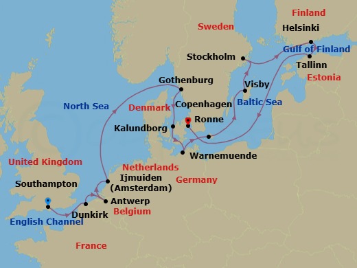 14 Night - Old World Tales & Trails - Oceania Insignia - Starting in London (Southampton), Dunkirk, Antwerp, Ijmuiden, Gothenburg, Kalundborg, Berlin (Warnemunde), Ronne (Bornholm), Visby, Sweden, Stockholm, Helsinki, Tallinn, Copenhagen itinerary map