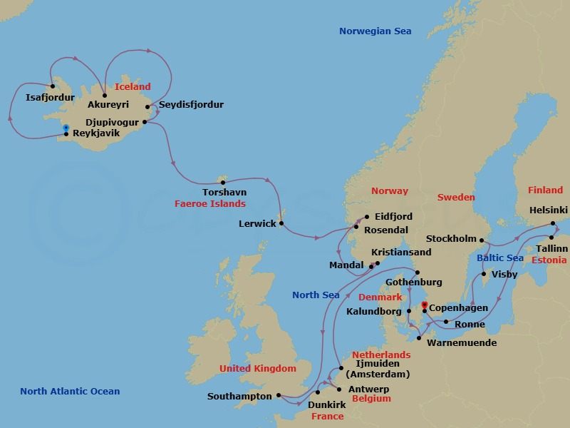26 Night - Nautical Northern Europe - Oceania Insignia - Starting in Reykjavik, Isafjordur, Akureyri, Seydisfjordur, Djupivogur, Torshavn, Faroe Islands, Lerwick (Shetland Islands), Rosendal, Eidfjord, Mandal, Kristiansand, London (Southampton), Dunkirk, Antwerp, Ijmuiden, Gothenburg, Kalundborg, Berlin (Warnemunde), Ronne (Bornholm), Visby, Sweden, Stockholm, Helsinki, Tallinn, Copenhagen itinerary map