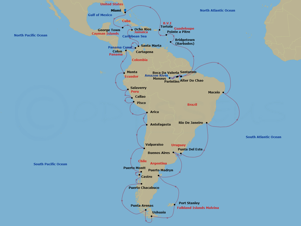 65 Night - South American Adventure - Oceania Sirena - Starting in Miami, George Town, Ocho Rios, Jamaica, Santa Marta, Cartagena CO, Colon, Panama Canal Daylight Transit, Manta, Salaverry, Lima / Machu Picchu (Callao), Pisco / Nazca Lines, Arica, Antofagasta, Santiago De Chile (Valparaiso), Puerto Montt, Castro, Puerto Chacabuco, Cruising Chilean Fjords, Punta Arenas, Ushuaia, Cruising the Antarctic Peninsula, Port Stanley, Falkland Islands, Puerto Madryn, Buenos Aires, Punta Del Este, Rio De Janeiro, Maceio, Cruising the Amazon River, Santarem (Amazon River), Boca Da Valeria (Amazon River), Manaus (Amazon River), Parintins (Amazon River), Alter Do Chao (Amazon River), Bridgetown, Pointe-a-Pitre, Tortola, Miami itinerary map