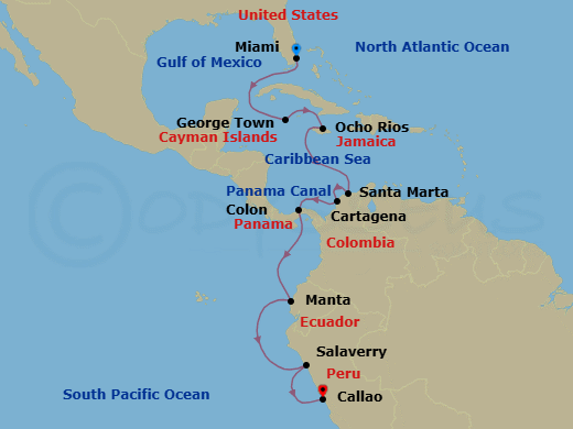 14 Night - Panama Canal to Machu Picchu - Oceania Sirena - Starting in Miami, George Town, Ocho Rios, Jamaica, Santa Marta, Cartagena CO, Colon, Panama Canal Daylight Transit, Manta, Salaverry, Lima / Machu Picchu (Callao) itinerary map
