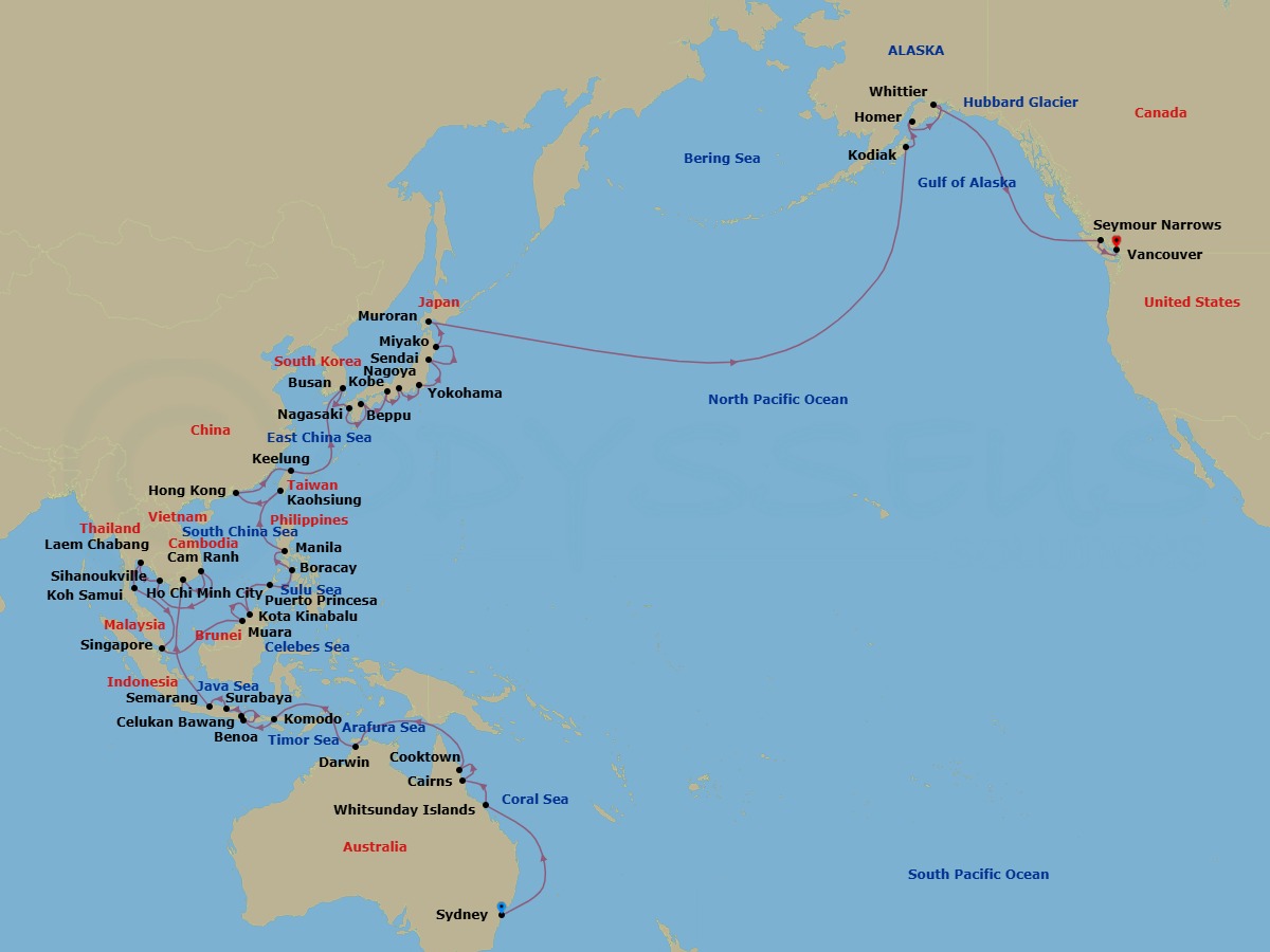 68 Night - Epic Reefs to Icy Glaciers - Oceania Riviera - Starting in Sydney AU, Whitsunday Island (Airlie Beach), Cairns, Cooktown, Darwin, Komodo, Bali (Benoa), Bali (Celukan Bawang), Surabaya (Java), Semarang (Java), Saigon (Ho Chi Minh City), Cam Ranh, Sihanoukville, Bangkok (Laem Chabang), Ko Samui, Singapore, Muara, Kota Kinabalu (Borneo), Puerto Princesa, Boracay Island, Manila, Kaohsiung, Hong Kong, Taipei (Keelung), Busan, Nagasaki, Beppu, Kyoto (Kobe), Nagoya, Tokyo (Yokohama), Sendai, Miyako, Muroran (Hokkaido), Intl Date Line East, Kodiak, Homer, Anchorage (Whittier), Cruising Hubbard Glacier, Cruising the Seymour Narrows, Vancouver itinerary map