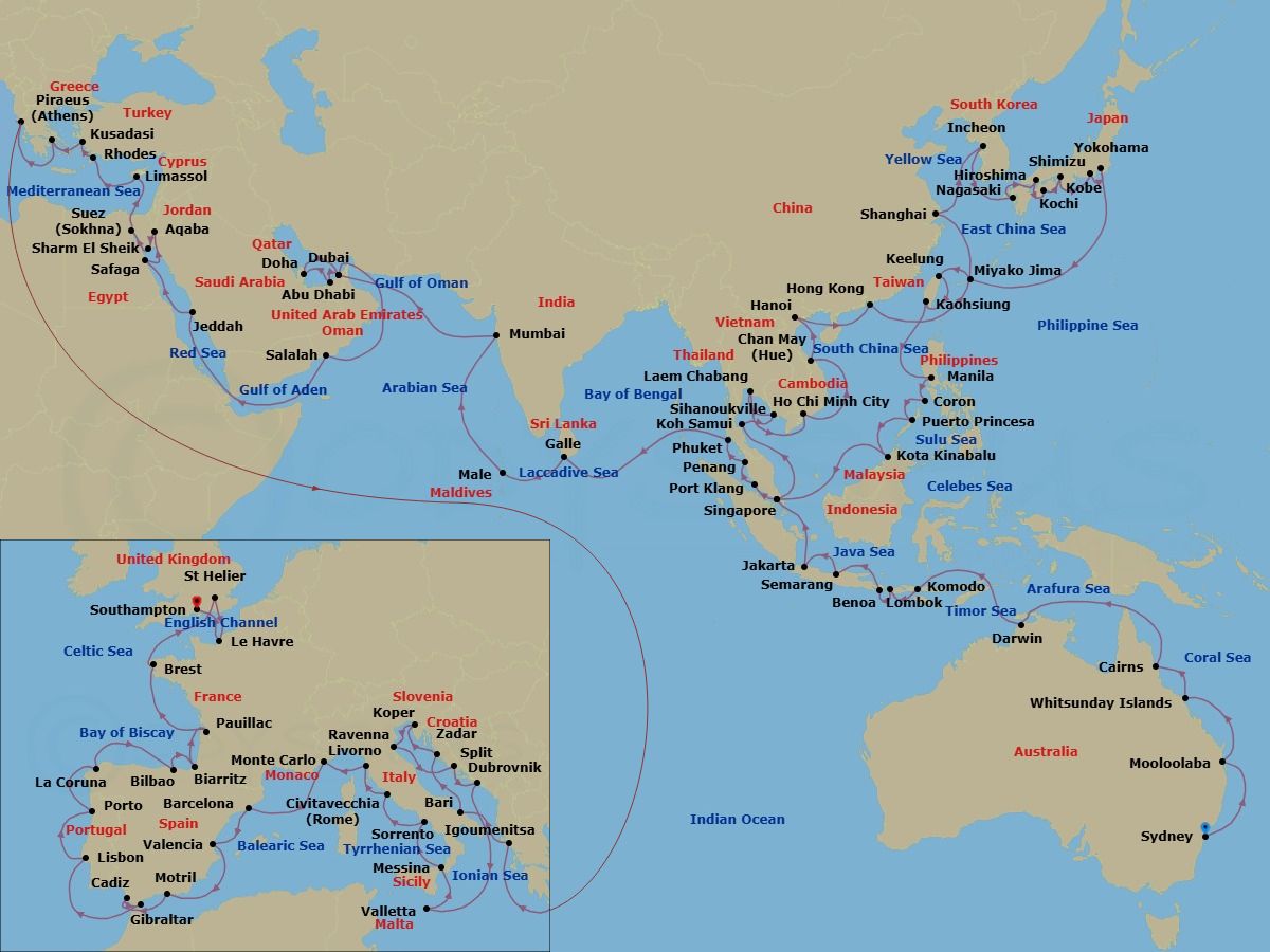 129 Night - Kangaroo Route - Oceania Vista - Starting in Sydney AU, Mooloolaba, Whitsunday Island (Airlie Beach), Cairns, Darwin, Komodo, Lombok (Lembar), Bali (Benoa), Semarang (Java), Jakarta (Java), Singapore, Ko Samui, Sihanoukville, Laem Chabang, Ho Chi Minh City (Phu My), Hue (Chan May), Hanoi (Ha Long Bay), Hong Kong, Shanghai, Seoul (Incheon), Nagasaki, Hiroshima, Kochi, Kyoto (Kobe), Shimizu, Tokyo (Yokohama), Miyakojima (Hirara), Taipei (Keelung), Kaohsiung, Manila, Coron, Puerto Princesa, Kota Kinabalu (Borneo), Singapore, Kuala Lumpur (Port Klang), Penang, Phuket, Galle, Male, Mumbai, Dubai, Abu Dhabi, Doha, Dubai, Salalah, Jeddah, Luxor (Safaga), Aqaba, Sharm El-Sheikh, Ain Sokhna, Suez Canal (Transit), Limassol, Rhodes, Ephesus (Kusadasi), Athens (Piraeus), Igoumenitsa, Bari, Zadar, Koper, Ravenna, Split, Dubrovnik, Croatia, Valletta, Messina (Sicily), Sorrento / Capri, Rome (Civitavecchia), Florence / Pisa / Tuscany (Livorno), Monte Carlo, Barcelona, Valencia, Granada (Motril), Seville (Cadiz), Gibraltar, Lisbon, Oporto, La Coruna, Bilbao, Biarritz (Saint-Jean-De-Luz), Bordeaux (Pauillac), Brest, St Helier, Jersey, Paris (Le Havre), London (Southampton) itinerary map
