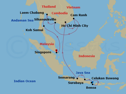 16 Night - Southeast Asia Tradewinds - Oceania Riviera - Starting in Bali (Benoa), Bali (Celukan Bawang), Surabaya (Java), Semarang (Java), Saigon (Ho Chi Minh City), Cam Ranh, Sihanoukville, Bangkok (Laem Chabang), Ko Samui, Singapore itinerary map