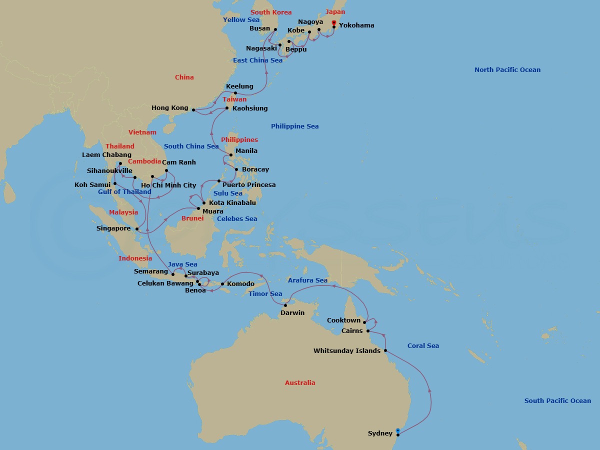 51 Night - Oceania & Asian Empires - Oceania Riviera - Starting in Sydney AU, Whitsunday Island (Airlie Beach), Cairns, Cooktown, Darwin, Komodo, Bali (Benoa), Bali (Celukan Bawang), Surabaya (Java), Semarang (Java), Saigon (Ho Chi Minh City), Cam Ranh, Sihanoukville, Bangkok (Laem Chabang), Ko Samui, Singapore, Muara, Kota Kinabalu (Borneo), Puerto Princesa, Boracay Island, Manila, Kaohsiung, Hong Kong, Taipei (Keelung), Busan, Nagasaki, Beppu, Kyoto (Kobe), Nagoya, Tokyo (Yokohama) itinerary map