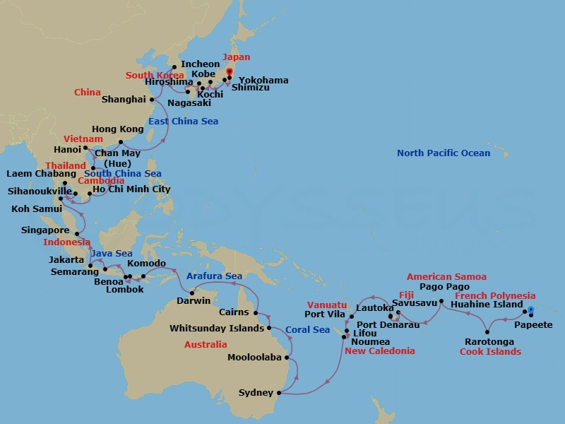 62 Night - Atolls to Eastern Empires - Oceania Vista - Starting in Papeete (Tahiti), Huahine, Rarotonga, Pago Pago, Crossing the International Date Line, Savusavu, Port Denarau, Lautoka, Port Vila (Efate), Lifou Island, Noumea, Sydney AU, Mooloolaba, Whitsunday Island (Airlie Beach), Cairns, Darwin, Komodo, Lombok (Lembar), Bali (Benoa), Semarang (Java), Jakarta (Java), Singapore, Ko Samui, Sihanoukville, Laem Chabang, Ho Chi Minh City (Phu My), Hue (Chan May), Hanoi (Ha Long Bay), Hong Kong, Shanghai, Seoul (Incheon), Nagasaki, Hiroshima, Kochi, Kyoto (Kobe), Shimizu, Tokyo (Yokohama) itinerary map