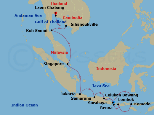 14 Night - Lands of Spices & Dragons - Oceania Nautica - Starting in Bali (Benoa), Lombok (Lembar), Komodo, Bali (Celukan Bawang), Surabaya (Java), Semarang (Java), Jakarta (Java), Singapore, Ko Samui, Sihanoukville, Bangkok (Laem Chabang) itinerary map