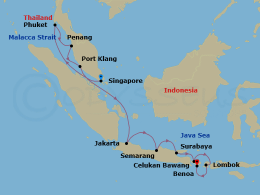 12 Night - Malay & Indonesian Shores - Oceania Nautica - Starting in Singapore, Phuket, Penang, Kuala Lumpur (Port Klang), Jakarta (Java), Semarang (Java), Surabaya (Java), Bali (Celukan Bawang), Lombok (Lembar), Bali (Benoa) itinerary map
