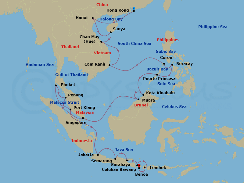 27 Night - Collector's Southeast Asia - Oceania Nautica - Starting in Hong Kong, Hanoi (Ha Long Bay), Sanya, Hue (Chan May), Cam Ranh, Coron, Boracay Island, Puerto Princesa, Kota Kinabalu (Borneo), Muara, Singapore, Phuket, Penang, Kuala Lumpur (Port Klang), Jakarta (Java), Semarang (Java), Surabaya (Java), Bali (Celukan Bawang), Lombok (Lembar), Bali (Benoa) itinerary map