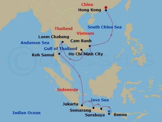 14 Night - Lanterns & Lotuses - Oceania Nautica - Starting in Bali (Benoa), Surabaya (Java), Semarang (Java), Jakarta (Java), Ko Samui, Bangkok (Laem Chabang), Ho Chi Minh City (Phu My), Cam Ranh, Hong Kong itinerary map