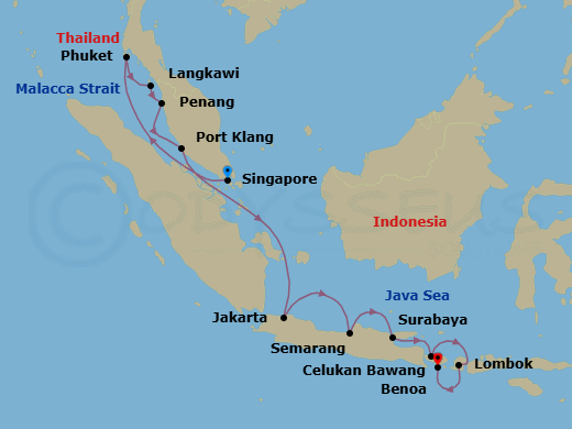 14 Night - Indochina to Bali Seafarer - Oceania Nautica - Starting in Singapore, Phuket, Langkawi, Penang, Kuala Lumpur (Port Klang), Jakarta (Java), Semarang (Java), Surabaya (Java), Bali (Celukan Bawang), Lombok (Lembar), Bali (Benoa) itinerary map
