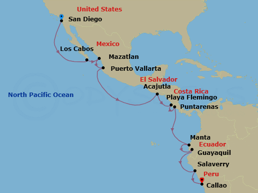 15 Night - The Americas & Caribbean - Crystal Serenity - Starting in San Diego, Cabo San Lucas (Baja California Sur), Mazatlan, Puerto Vallarta, Acajutla, Playa Flamingo, Puntarenas, Manta, Guayaquil, Salaverry, Lima (Callao) itinerary map