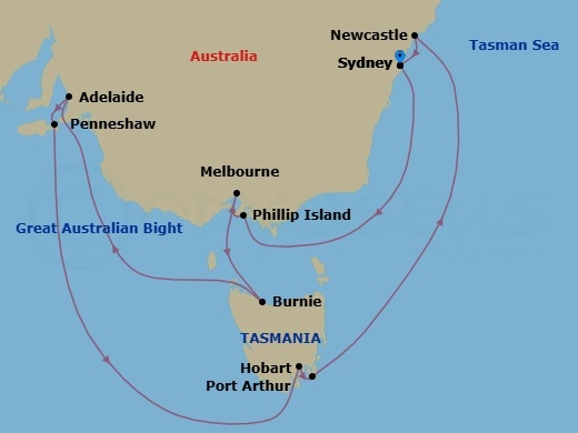 14 Night - South Australia Discovery Holiday - Noordam - Starting in Sydney AU, Phillip Island, Victoria AU, Australia, Melbourne, Australia, Burnie, Tasmania, Australia, Adelaide, South Australia, Australia, Penneshaw, Kangaroo Island, Australia, Hobart, Tasmania, Australia, Port Arthur, Australia, Newcastle AU, New South Wales, Australia, Sydney AU itinerary map
