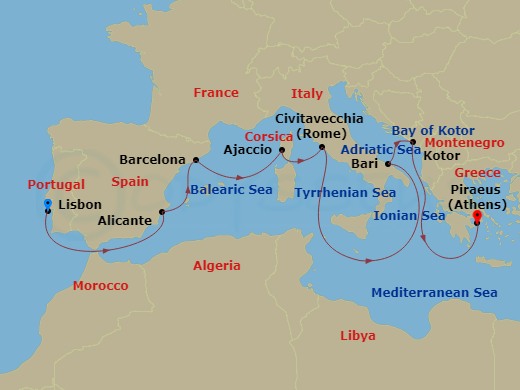 13 Night - Mediterranean Solar Eclipse with Barcelona Overnight - Oosterdam - Starting in Lisbon, Portugal, Alicante, Spain, Barcelona, Spain, Ajaccio, Corsica, France, Civitavecchia (Rome), Italy, Bari (Puglia), Italy, Kotor, Montenegro, Scenic cruising Bay of Kotor, Piraeus (Athens), Greece itinerary map