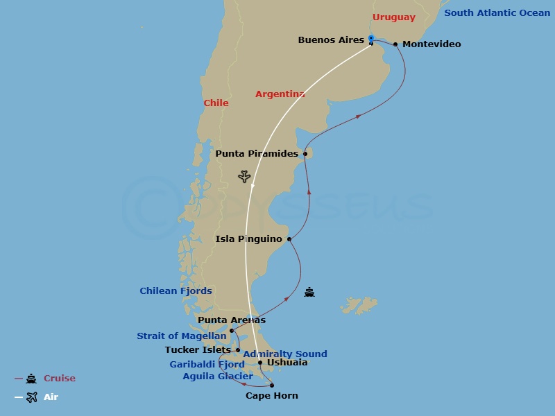 28 Night - Ultimate Antarctica & the Fjords of Southern Chile - Scenic Ikon - Starting in Buenos Aires, Argentina, Buenos Aires, Argentina / Ushuaia, Argentina, Antarctica, At Sea / Ushuaia, Argentina, Ushuaia, Argentina, Cape Horn, Seno Pia / Seno Garibaldi, Cruising Chilean Fjords, Chilean Fjords / Aguila Glacier / Condor Glacier, Cruising Magdalena Fjord / Tucker Islets, Admiralty Sound, Chile, Punta Arenas, Chile, Isla Pinguino, Argentina, Punta Piramides, Argentina, Montevideo, Uruguay, Buenos Aires, Argentina itinerary map