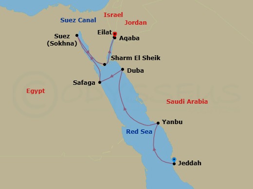 11 Night - Red Sea Wonders of the Ancient World - Emerald Raiya - Starting in Jeddah, Saudi Arabia, Saudi Arabia, Yanbu, Saudi Arabia, Duba, Saudi Arabia, Safaga, Egypt, Ain Sokhna, Egypt, Sharm El-Sheikh, Egypt, Eilat, Israel, Aqaba, Jordan itinerary map