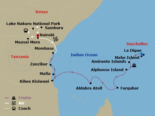 19 Night - Safari, the Seychelles and Indian Ocean - Cruise & Land Journey - Emerald Raiya - Starting in Mahe Island / La Digue Island, La Digue Island / Praslin Island, Seychelles, Amirante Islands, Seychelles, Alphonse Atoll, Seychelles, Farquhar Atoll, Seychelles, Aldabra Atoll, Seychelles, Aldabra Atoll, Seychelles / At Sea, Kilwa Kisiwani, Tanzania, Mafia Island, Tanzania, Zanzibar, Tanzania, Mombasa, Kenya / Nairobi, Nairobi / Samburu Game Reserve, Samburu Game Reserve, Samburu Game Reserve / Lake Nakuru National Park, Lake Nakuru National Park / Maasai Mara Game Reserve, Maasai Mara Game Reserve, Maasai Mara Game Reserve / Nairobi itinerary map