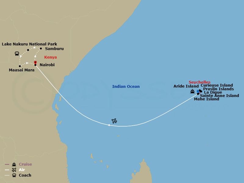 14 Night - The Seychelles and Safari - Cruise & Land Journey - Emerald Raiya - Starting in Mahe Island, Sainte Anne Island / Cousin Island, Praslin Island, La Digue Island, Curieuse Island, Aride Island, Mahe Island, Mahe Island / Nairobi, Nairobi / Samburu Game Reserve, Samburu Game Reserve, Samburu Game Reserve / Lake Nakuru National Park, Lake Nakuru National Park / Maasai Mara Game Reserve, Maasai Mara Game Reserve, Maasai Mara Game Reserve / Nairobi itinerary map