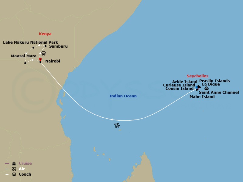 14 Night - The Seychelles and Safari - Cruise & Land Journey - Emerald Kaia - Starting in Mahe Island / Sainte Anne Channel, Sainte Anne Channel / Cousin Island, Praslin Island, La Digue Island, Curieuse Island, Aride Island, Mahe Island, Mahe Island / Nairobi, Nairobi / Samburu Game Reserve, Samburu Game Reserve, Samburu Game Reserve / Lake Nakuru National Park, Lake Nakuru National Park / Maasai Mara Game Reserve, Maasai Mara Game Reserve, Maasai Mara Game Reserve / Nairobi itinerary map