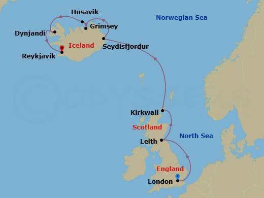 11 Night - London to Reykjavik - World Voyager - Starting in London (Tower Bridge), Leith (Edinburgh), Kirkwall (Orkney Islands), Scotland, Seydisfjordur, Husavik, Grimsey Island, Dynjandi, Iceland / Captains Choice, Reykjavik itinerary map