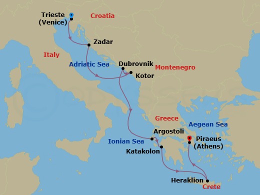 7 Night - Neptune's Nirvana - Oceania Allura - Starting in Trieste, Zadar, Kotor, Dubrovnik, Croatia, Argostoli (Cephalonia), Katakolon, Heraklion (Crete), Athens (Piraeus) itinerary map