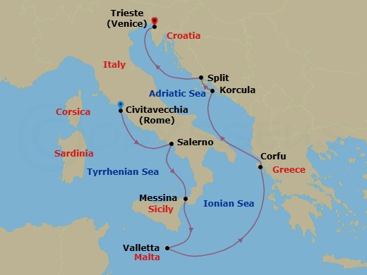 7 Night - Mediterranean Muse - Oceania Allura - Starting in Rome (Civitavecchia), Salerno, Messina (Sicily), Valletta, Corfu, Korcula, Split, Trieste itinerary map