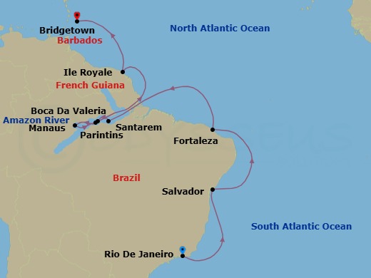 20 Night - Rio De Janeiro to Bridgetown - Silver Ray - Starting in Rio De Janeiro, Salvador De Bahia, Fortaleza, Cruise Amazon River, Santarem, Boca Da Valeria, Manaus, Parintins, Cruise Amazon River, Ile Royale, Bridgetown itinerary map