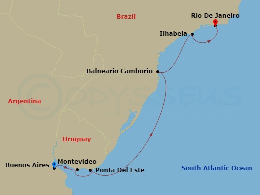 12 Night - Buenos Aires to Rio De Janeiro - Silver Ray - Starting in Buenos Aires, Montevideo, Punta Del Este, Balneario Camboriu, Ilhabela, Brazil, Rio De Janeiro itinerary map