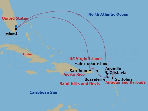 11 Night - Miami to Miami - Silver Ray - Starting in Miami, Fl, San Juan, St John VI, St Kitts (Basseterre), Gustavia, St Barthelemy, St Johns, Anguilla, Miami, Fl itinerary map