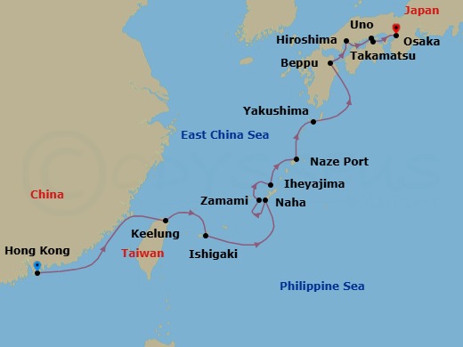 14 Night - Cultural Horizons of Taiwan & Japan's Southern Islands - Scenic Eclipse II - Starting in Hong Kong, Special Administrative Region of Peoples Republic of China, Mirs Bay, Hong Kong, Keelung, Taipei, Taiwan, Ishigaki, Japan, Naha, Okinawa Island, Japan, Zamami Island, Japan, Iheya Island, Japan, Naze, Amami Oshima Island, Japan, Yakushima, Yakushima Island, Japan, Beppu, Japan, Hiroshima, Japan, Uno Ko (Tamano), Japan, Takamatsu, Japan, Osaka, Japan itinerary map