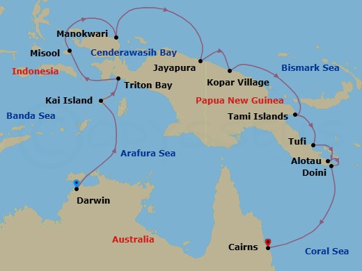 17 Night - Jewels of Raja Ampat & Papua New Guinea - Scenic Eclipse II - Starting in Darwin, Northern Territory, Australia, Kai Islands, Indonesia, Triton Bay, West Papua, Indonesia, KitiKiti Waterfall, Mommon, Indonesia, Misool Island, Raja Ampat Islands, Indonesia, Kri Island / Gam Island, Raja Ampat Islands, Indonesia, Manokwari, Indonesia, Cenderawasih Bay, Indonesia, Jayapura, Indonesia, Kopar Cruising Manam Volcano, Indonesia, Tami Islands, Papua New Guinea, Tufi, Papua New Guinea, Alotau, Papua New Guinea, Doini Island, Papua New Guinea, Cairns, Queensland, Australia itinerary map