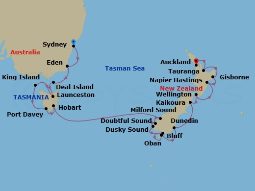 20 Night - Ultimate Voyage : Australia's East Coast & New Zealand's Fjords - Scenic Eclipse II - Starting in Sydney AU, Australia, Eden, New South Wales, Australia, Deal Island, Kent Island Group, Tasmania, Australia, Beauty Point (Launceston), Tasmania, Australia, Grassy, King Island, Tasmania, Australia, Cruising West Coast, Tasmania, Australia, Port Davey, Tasmania, Australia, Hobart, Tasmania, Australia, Cruising Milford Sound, New Zealand, Cruising Doubtful Sound / Cruising Dusky Sound, New Zealand, Bluff, New Zealand, Oban NZ, Stewart Island, New Zealand, Port Chalmers (Dunedin), New Zealand, Kaikoura, New Zealand, Wellington, New Zealand, Napier, New Zealand, Gisborne, New Zealand, Tauranga, New Zealand, Auckland, New Zealand itinerary map