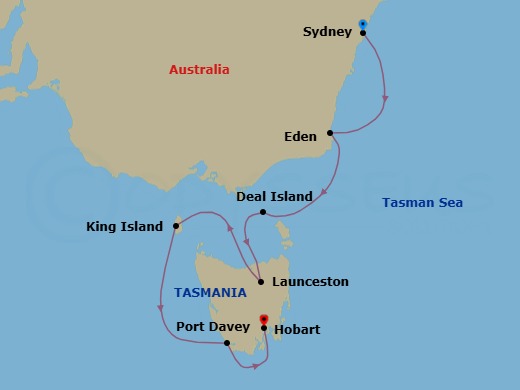 7 Night - Tasmania's Pristine Wilderness - Scenic Eclipse II - Starting in Sydney AU, Australia, Eden, New South Wales, Australia, Deal Island, Kent Island Group, Tasmania, Australia, Beauty Point (Launceston), Tasmania, Australia, Grassy, King Island, Tasmania, Australia, Cruising West Coast, Tasmania, Australia, Port Davey, Tasmania, Australia, Hobart, Tasmania, Australia itinerary map