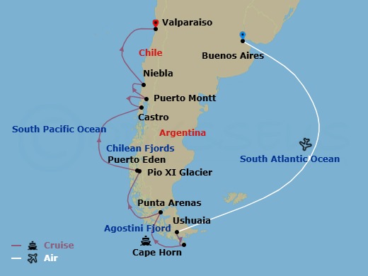 13 Night - Chilean Fjords & the Glaciers of the Beagle Channel - Scenic Eclipse II - Starting in Buenos Aires, Argentina, Buenos Aires / Ushuaia, Argentina, Cape Horn, Chile, Seno Pia (Glacier) / Seno Garibaldi (Glacier), Chile, Seno Agostini (Glacier), Chile, Punta Arenas, Chile, Cruising Chilean Fjord, Pio XI (Glacier) / Puerto Eden, Chile, Cruising Chilean Fjords, Castro, Isla Chiloe, Chile, Puerto Montt, Chile, Niebla, Chile, Valparaiso, Chile itinerary map