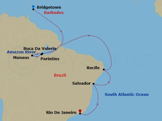 20 Night - Bridgetown to Rio De Janeiro - Silver Nova - Starting in Bridgetown, Cruise Amazon River, Parintins, Manaus, Boca Da Valeria, Cruise Amazon River, Recife, Salvador De Bahia, Rio De Janeiro itinerary map