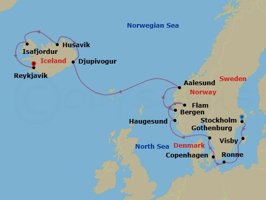 14 Night - Fjords to Icelandic Vistas - Oceania Vista - Starting in Stockholm, Visby, Sweden, Ronne (Bornholm), Copenhagen, Gothenburg, Haugesund, Flam (Sognefjord), Bergen, Alesund, Djupivogur, Husavik, Isafjordur, Reykjavik itinerary map