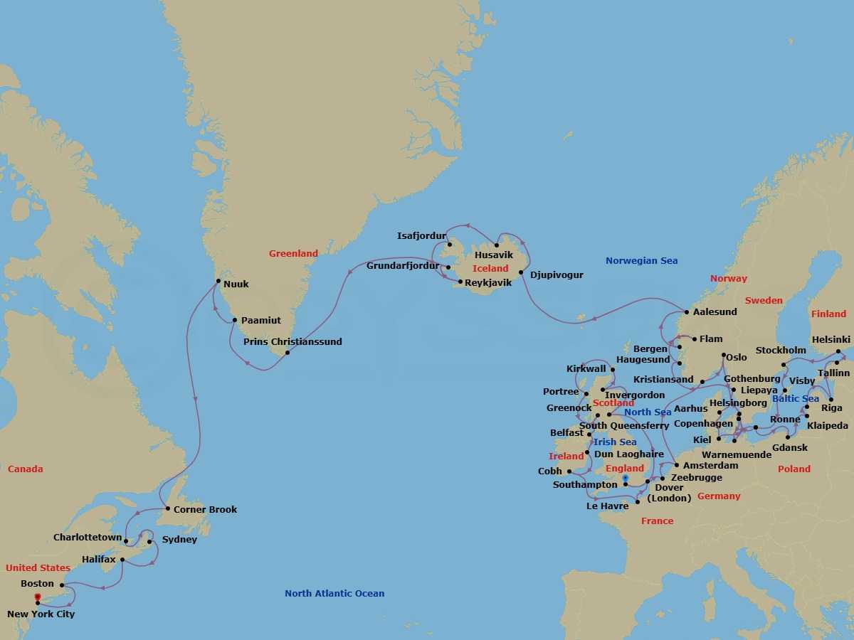 64 Night - Northern & Baltic Legends - Oceania Vista - Starting in London (Southampton), Edinburgh (South Queensferry), Invergordon, United Kingdom, Kirkwall (Orkney Islands), Portree (Isle of Skye), Glasgow (Greenock), Belfast, Dublin (Dun Laoghaire), Cork (Cobh), Paris (Le Havre), London (Dover UK), Bruges (Zeebrugge), Amsterdam, Kristiansand, Oslo, Aarhus, Kiel, Helsingborg, Copenhagen, Berlin (Warnemunde), Ronne (Bornholm), Gdansk (Gdynia), Klaipeda, Liepaja, Riga, Tallinn, Helsinki, Stockholm, Visby, Sweden, Ronne (Bornholm), Copenhagen, Gothenburg, Haugesund, Flam (Sognefjord), Bergen, Alesund, Djupivogur, Husavik, Isafjordur, Reykjavik, Grundarfjordur, Cruising Prince Christian Sound, Paamiut (Frederikshab), Nuuk, Corner Brook, Charlottetown, Sydney NS, Halifax, Boston, New York itinerary map