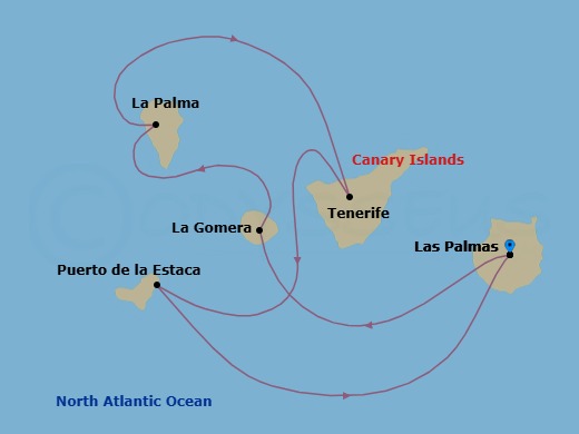 7 Night - Las Palmas Roundtrip - World Navigator - Starting in Las Palmas (Gran Canaria), San Sebastian (La Gomera), Santa Cruz de La Palma, Santa Cruz de Tenerife, Puerto de La Estaca (El Hierro), Las Palmas (Gran Canaria) itinerary map