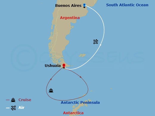 21 Night - Antarctica, South Georgia, and the Falklands - National Geographic Resolution - Starting in Buenos Aires, Argentina, or Santiago, Chile, Ushuaia, Argentina / EmbarkShip, Antarctica, South Georgia Island, Falkland Islands, Disembark Ship / Ushuaia / Buenos Aires or Santiago itinerary map