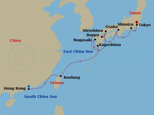 14 Night - Far Eastern Horizons - Viking Neptune - Starting in Hong Kong, Sail the East China Sea, Taipei (Keelung), Sail the East China Sea, Kagoshima, Nagasaki, Beppu, Hiroshima, Osaka, Shimizu, Tokyo itinerary map