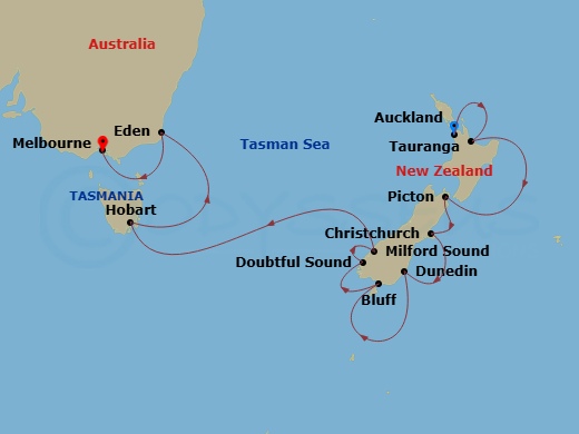 16 Night - Auckland to Melbourne - Silver Moon - Starting in Auckland, Tauranga, Picton, Lyttelton (Christchurch), Dunedin (Port Chalmers), Bluff, Cruising Doubtful Sound, Cruising Milford Sound, Hobart, Tasmania, Eden, Melbourne itinerary map