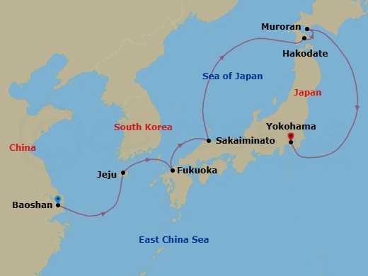 10 Night - Best of Japan & South Korea Cruise - Spectrum of the Seas - Starting in Shanghai (Baoshan), China, Jeju (Seogwipo), South Korea, Fukuoka, Japan, Sakaiminato, Japan, Hakodate, Japan, Sapporo (Muroran), Japan, Tokyo (Yokohama), Japan itinerary map