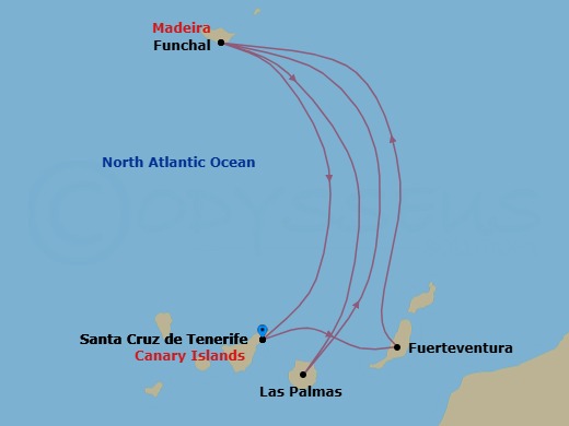7 Night - Western Mediterranean from S. Cruz De Tenerife - Costa Smeralda - Starting in Santa Cruz de Tenerife, Port Rosario (Fuerteventura), Funchal (Madeira), Las Palmas (Gran Canaria), Funchal (Madeira), Santa Cruz de Tenerife itinerary map