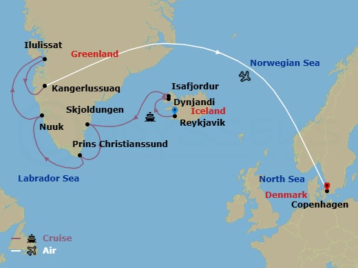 17 Night - Reykjavik, Greenland & Disko Bay - Cruise & Land Journey - Scenic Eclipse - Starting in Reykjavik, Reykjavik, Iceland, Dynjandi (Fjallfoss), Iceland, Isafjordur, Iceland, Fridtjof Nansen Halvo, Greenland, Skjoldungen Fjord, Greenland, Cruising Prince Christian Sound Herjolfsnes, Greenland, Nuuk (Godthab), Greenland, Evighed Fjord, Greenland, Disko Bay, Greenland, Ilulissat, Greenland, Kangerlussuaq, Greenland / Copenhagen, Denmark, Copenhagen, Denmark itinerary map