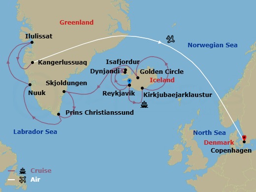 21 Night - Iceland & Greenland in Depth - Cruise & Land Journey - Scenic Eclipse - Starting in Reykjavik, Iceland, Reykjavik, Iceland / Kirkjubajarklaustur, Iceland, Kirkjubajarklaustur, Iceland, Kirkjubajarklaustur, Iceland / Golden Circle, Iceland, Golden Circle, Iceland, Golden Circle, Iceland / Reykjavik / Sky Lagoon, Iceland, Reykjavik, Dynjandi (Fjallfoss), Iceland, Isafjordur, Iceland, Fridtjof Nansen Halvo, Greenland, Skjoldungen Fjord, Greenland, Cruising Prince Christian Sound Herjolfsnes, Greenland, Nuuk (Godthab), Greenland, Evighed Fjord, Greenland, Disko Bay, Greenland, Ilulissat, Greenland, Kangerlussuaq, Greenland / Copenhagen, Denmark, Copenhagen, Denmark itinerary map