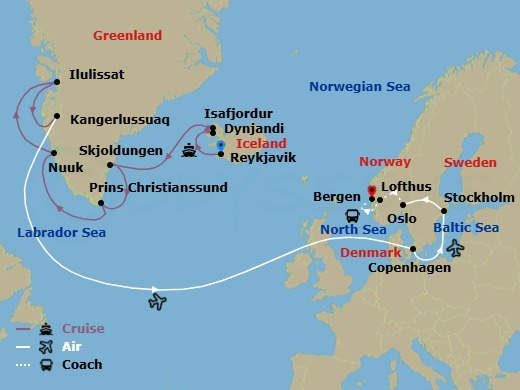 22 Night - Arctic Wonders of Greenland, Iceland & Scandinavia Cruise & Land Journey - Scenic Eclipse - Starting in Reykjavik, Iceland, Dynjandi (Fjallfoss), Iceland, Isafjordur, Iceland, Fridtjof Nansen Halvo, Greenland, Skjoldungen Fjord, Greenland, Cruising Prince Christian Sound Herjolfsnes, Greenland, Nuuk (Godthab), Greenland, Evighed Fjord, Greenland, Disko Bay, Greenland, Ilulissat, Greenland, Kangerlussuaq, Greenland / Copenhagen, Denmark, Copenhagen, Denmark, Copenhagen, Denmark / Stockholm, Sweden, Stockholm, Sweden, Stockholm, Sweden / Oslo, Norway, Oslo, Norway, Oslo / Lofthus, Norway, Lofthus / Bergen, Norway, Bergen, Norway itinerary map